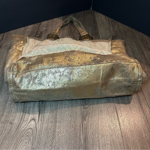 TORY BURCH Tote Bag Cable Knit METALLIC GOLD TRIM Wool Silk Lining Horse READ! - Picture 11 of 16